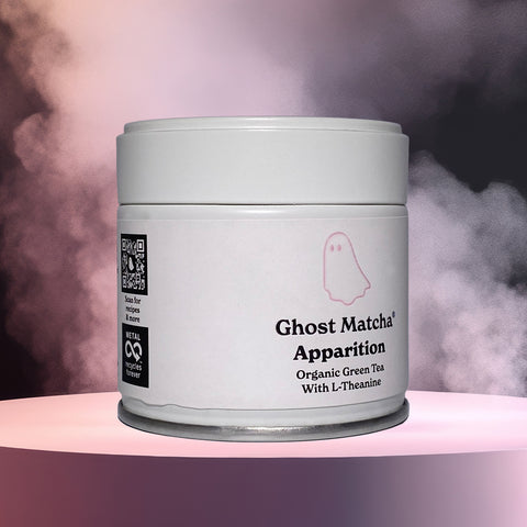 A fully recyclable canister of Ghost Matcha Apparition Organic Culinary Grade Matcha from left side angle