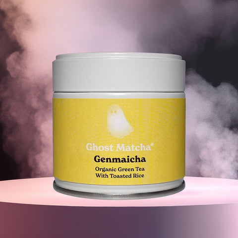 A fully recyclable canister of Ghost Matcha Genmaicha Organic Green Tea Powder front on