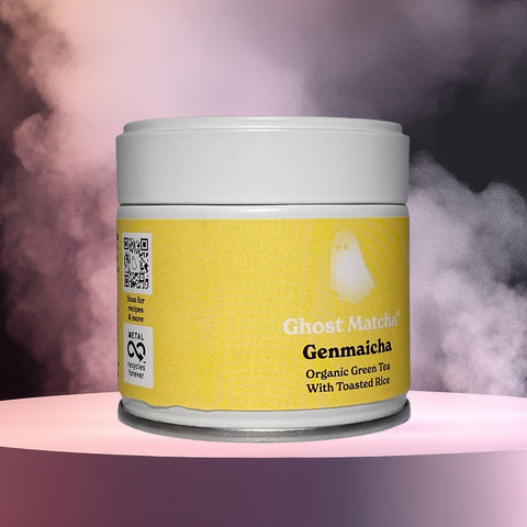 A fully recyclable canister of Ghost Matcha Genmaicha Organic Green Tea Powder from left side angle