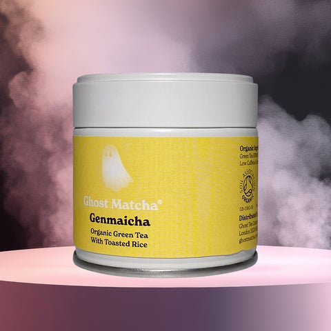 A fully recyclable canister of Ghost Matcha Genmaicha Organic Green Tea Powder from right side angle