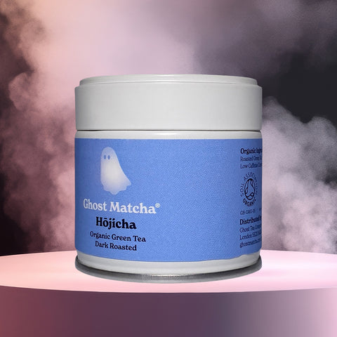 A fully recyclable canister of Ghost Matcha Hojicha Organic Green Tea Powder from right side angle