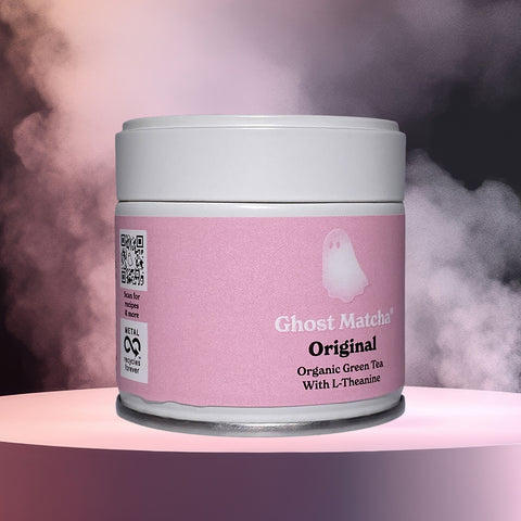 A fully recyclable canister of Ghost Matcha Original Organic Green Tea Powder from left side angle