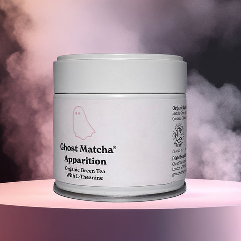 A fully recyclable canister of Ghost Matcha Apparition Organic Culinary Grade Matcha from right side angle