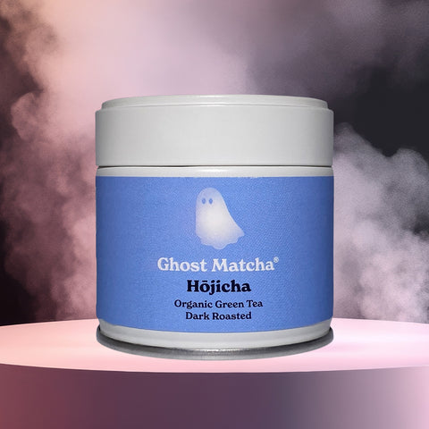 A fully recyclable canister of Ghost Matcha Hojicha Organic Green Tea Powder front on