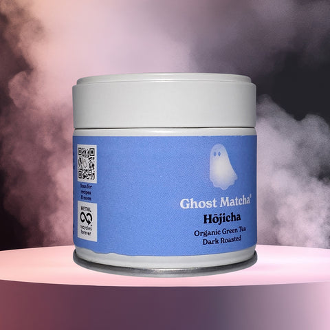 A fully recyclable canister of Ghost Matcha Hojicha Organic Green Tea Powder from left side angle